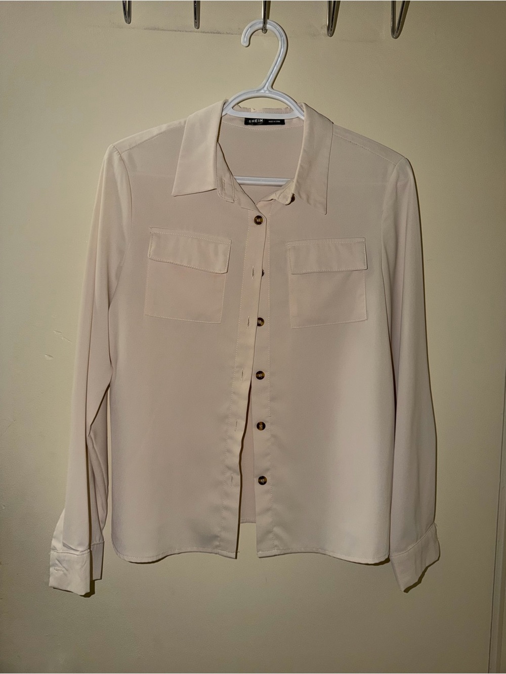 SHEIN Cream Button-Front Long Sleeve Shirt